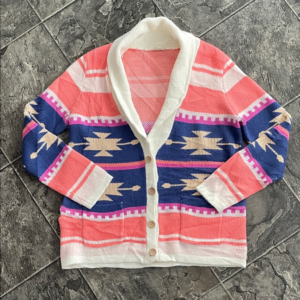 ELLISON Knit Cardigan Button-Front Sweater Aztec Southwestern Cottagecore Cozy